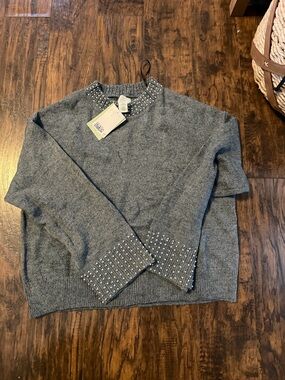 H&M Gray Crewneck Sweater with Bead Embellishment